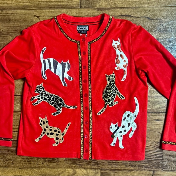 Berek • X-Large • Red • Multi-Color Cats • Embroidery • Cardigan Sweater - Picture 1 of 13